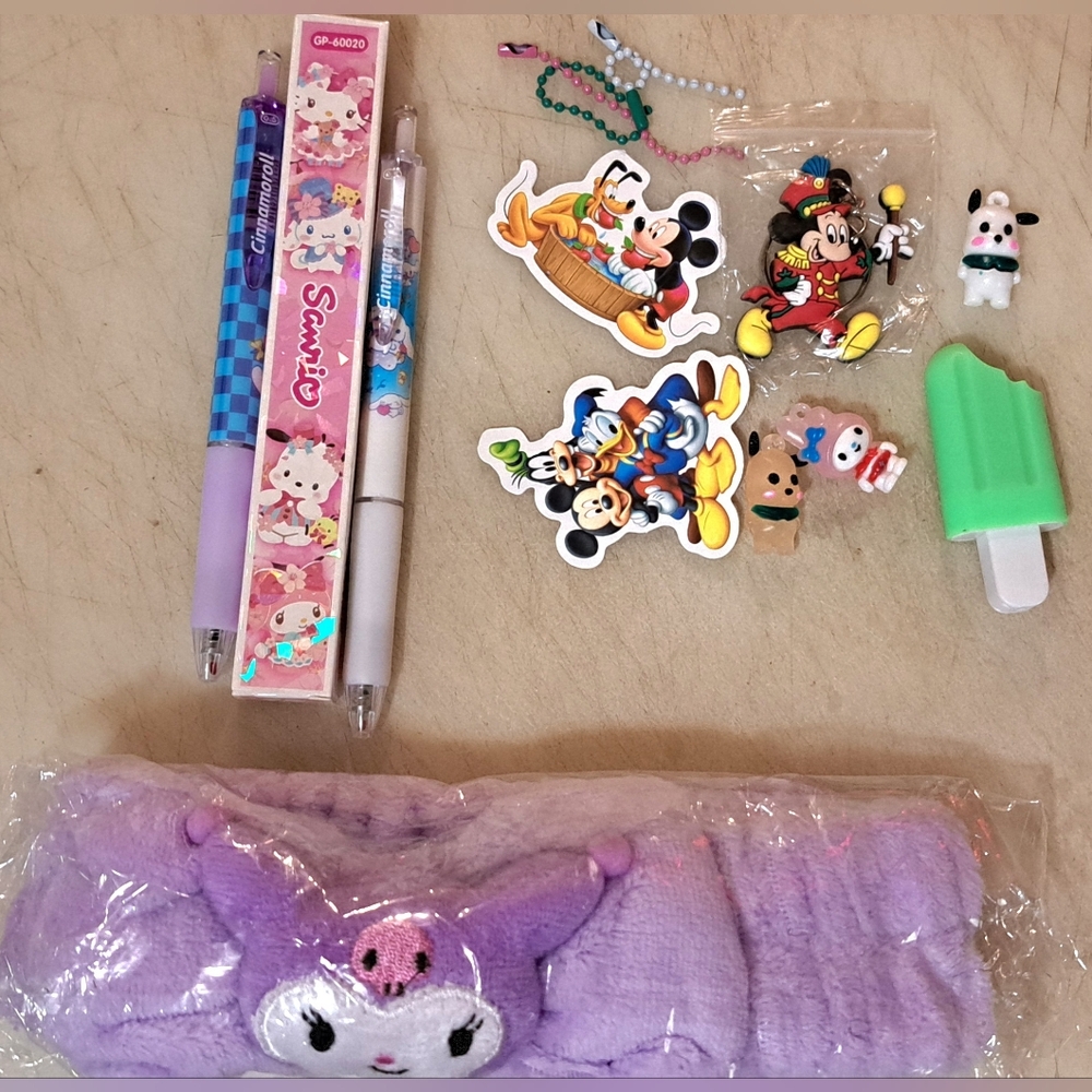 Sanrio Cinnamon Roll Pen, Purple Kuromi Headband and Disney Keychain FunGift Set